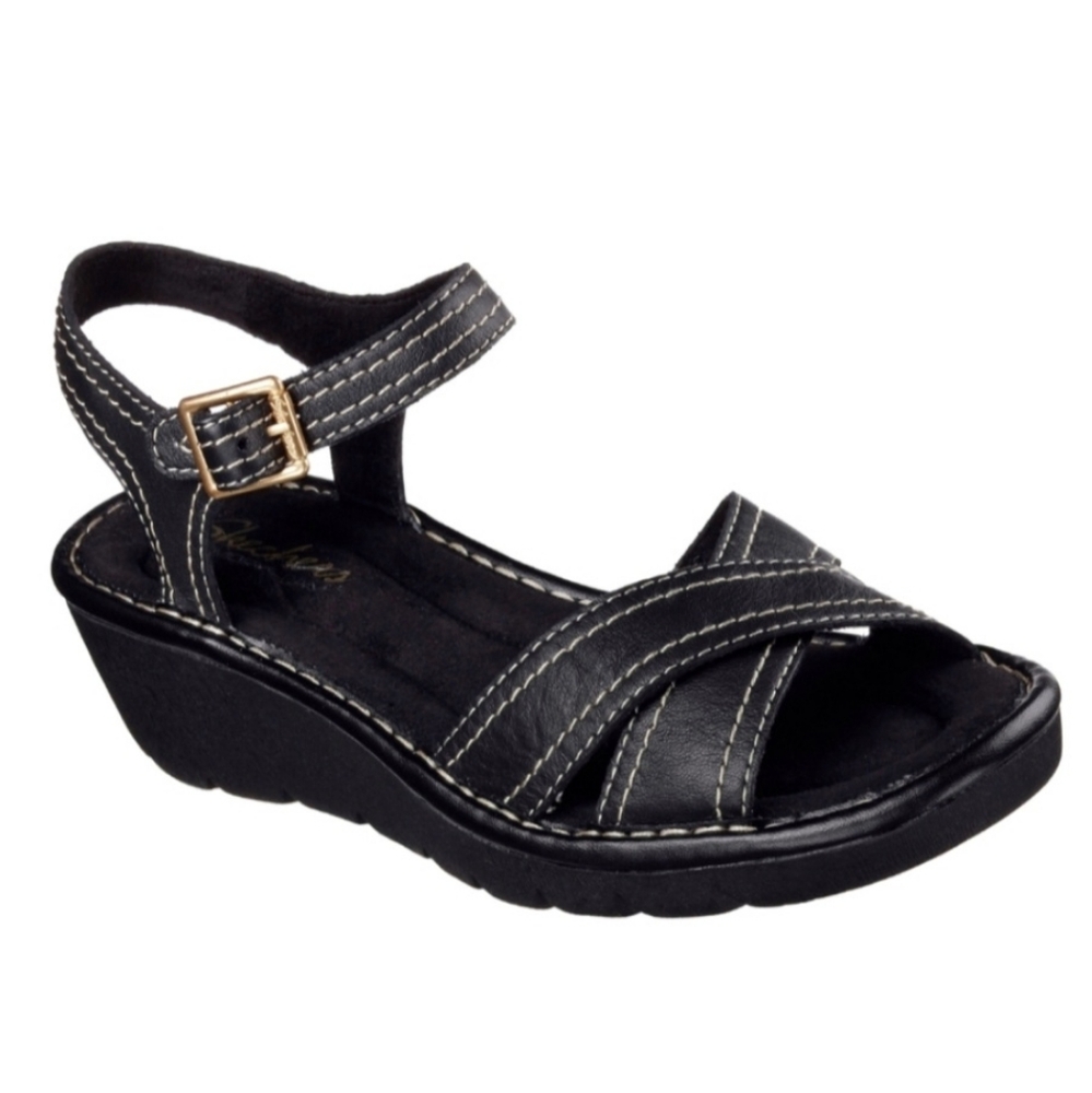 Skechers Black Wedge Sandals with White Stitching and Gold Buckle